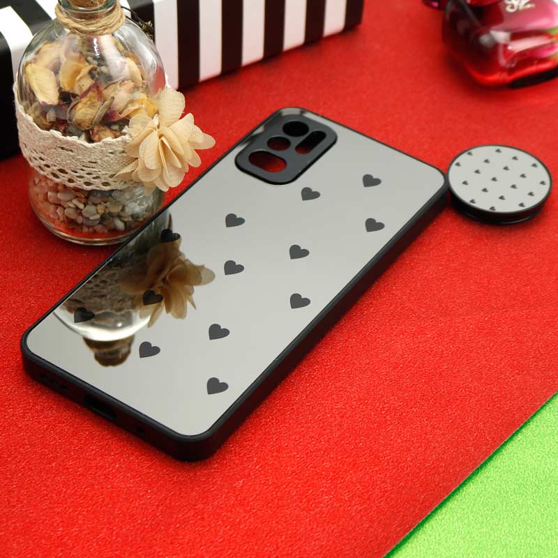 قاب محافظ لنزدار آینه ای + پاپ سوکت طرح قلب مشکی Xiaomi Redmi Note 10 5G
