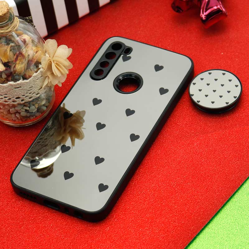 قاب محافظ لنزدار آینه ای + پاپ سوکت طرح قلب مشکی Xiaomi Redmi Note 8