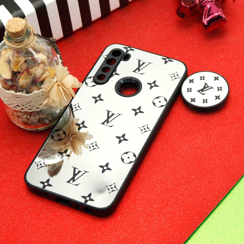قاب محافظ لنزدار آینه ای + پاپ سوکت طرح LV مشکی Xiaomi Redmi Note 8
