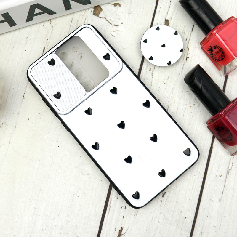 قاب طرحدار محافظ لنزدار کشویی + پاپ سوکت طرح قلب مشکی شیائومی Redmi Note 8 Pro سری B