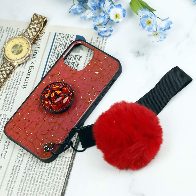 قاب ماربل طلایی پوم پوم دار + پاپ سوکت الماسی آیفون iPhone 12