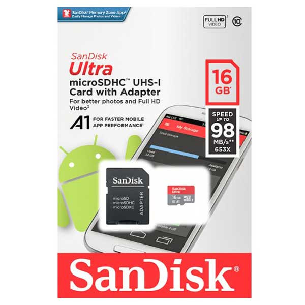 رم میکرو 16 گیگ سن دیسک SanDisk Ultra U1 A1 98MB/s + خشاب