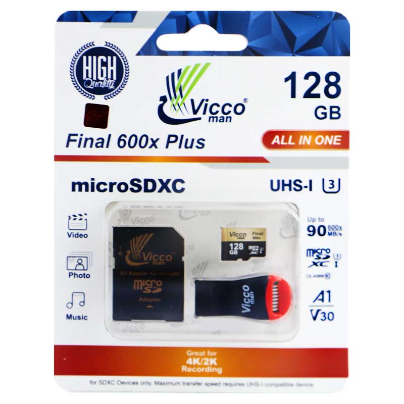 رم میکرو 128 گیگ ویکومن Vicco Final All In One U3 90MB/s + رم ریدر