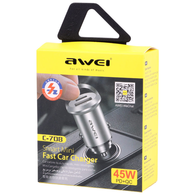 شارژر فندکی فست شارژ Awei C-708 5A QC4.0+ PD 45W