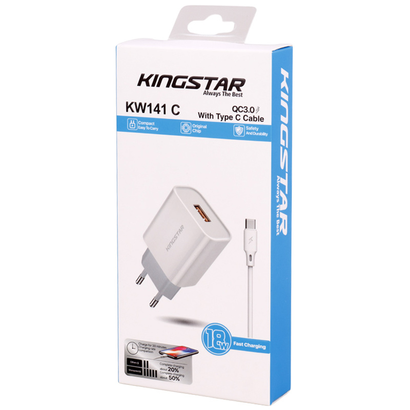 شارژر دیواری فست شارژ Kingstar KW141C 2Port 2.4A QC3.0 PD 18W + کابل تایپ سی