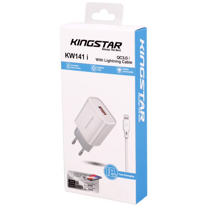 شارژر دیواری فست شارژ Kingstar KW141I 2.4A QC3.0 PD 18W + کابل آیفونی