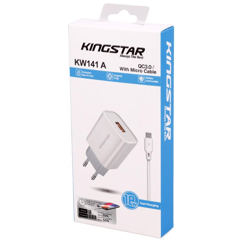 شارژر دیواری فست شارژ Kingstar KW141A 2.4A QC3.0 PD 18W + کابل میکرو یو اس بی