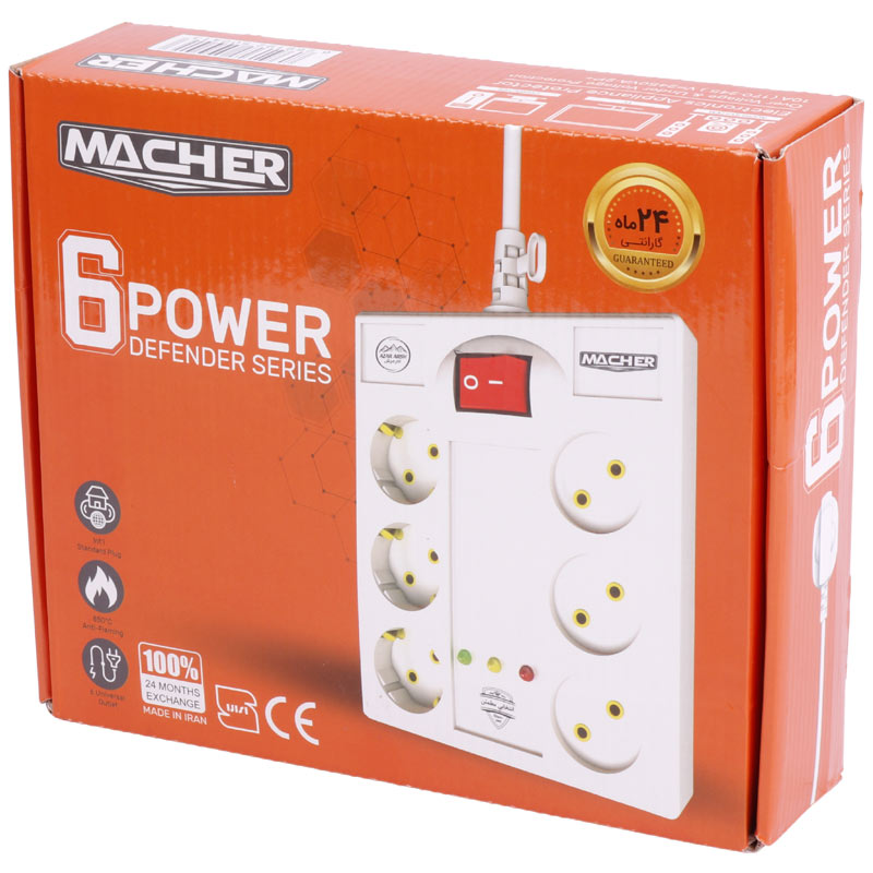 محافظ برق یخچال و فریزر 6 خانه ارت دار مچر با کابل 3 متری Macher