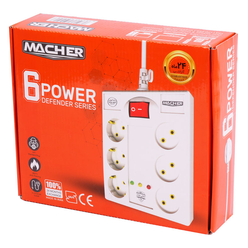 محافظ برق یخچال و فریزر 6 خانه ارت دار مچر با کابل 5 متری Macher