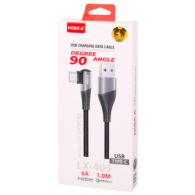 کابل تایپ سی فست شارژ Hiska LX-405 6A PD QC3.0 1m یکسر L