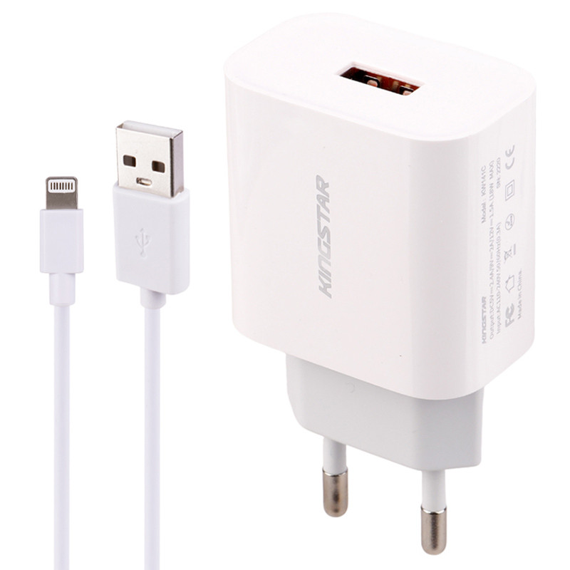 شارژر دیواری فست شارژ Kingstar KW141I 2.4A QC3.0 PD 18W + کابل آیفونی