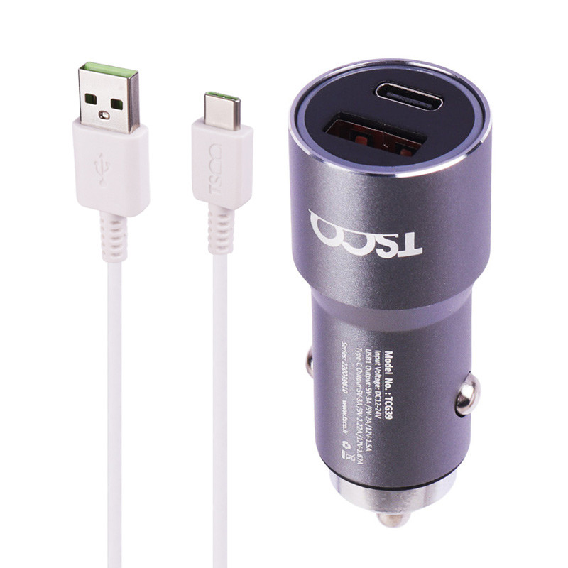 شارژر فندکی فست شارژ TSCO TCG39 3A QC3.0 PD 38W + کابل تایپ سی