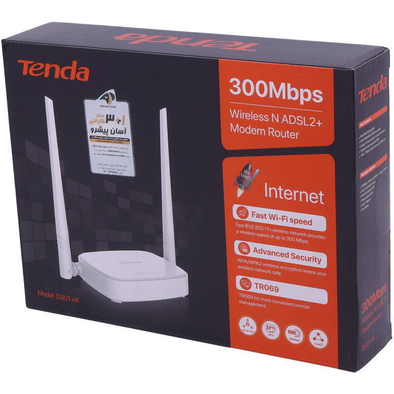 مودم روتر ۲ آنتن Tenda D301 V4 ADSL2+ N300 300Mbps