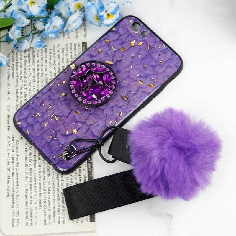 قاب ماربل طلایی پوم پوم دار + پاپ سوکت الماسی آیفون iPhone 6 / 6s
