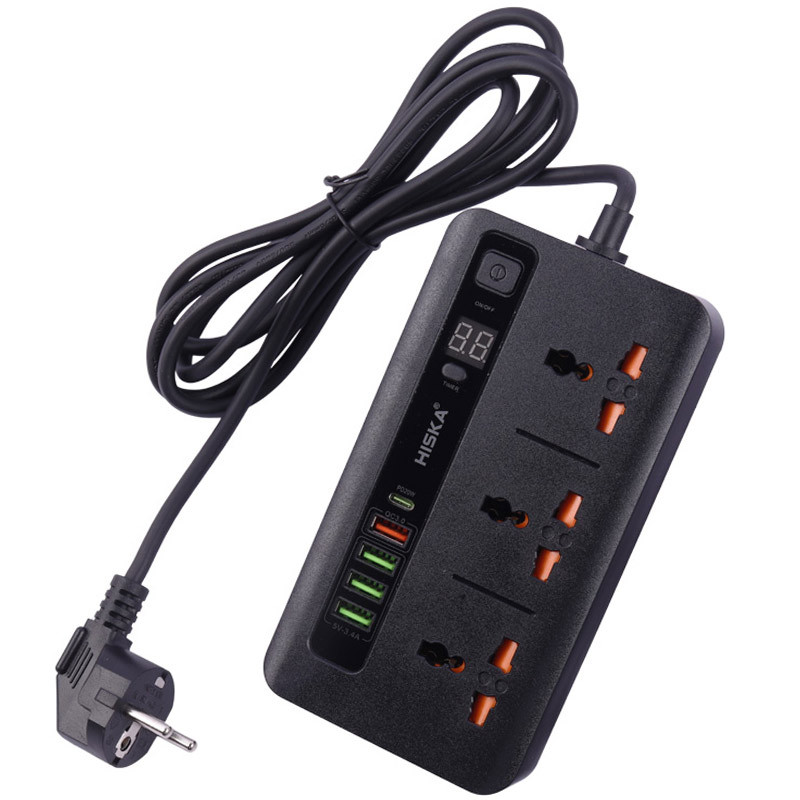 چند راهی 3 خانه برق ارت دار هیسکا CH-5520 با کابل ۲ متری + شارژر USB و Type-C