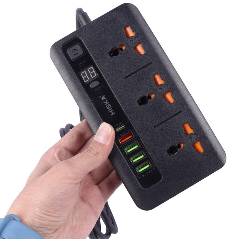 چند راهی 3 خانه برق ارت دار هیسکا CH-5520 با کابل ۲ متری + شارژر USB و Type-C