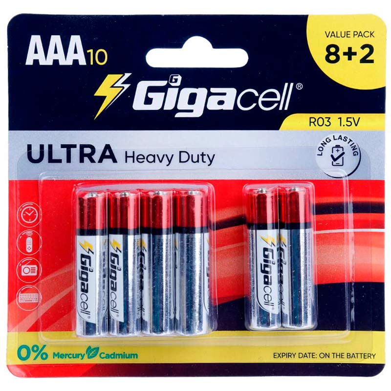 پک 2+8 باتری نیم قلمی Gigacell Ultra Heavy Duty R03 1.5V AAA