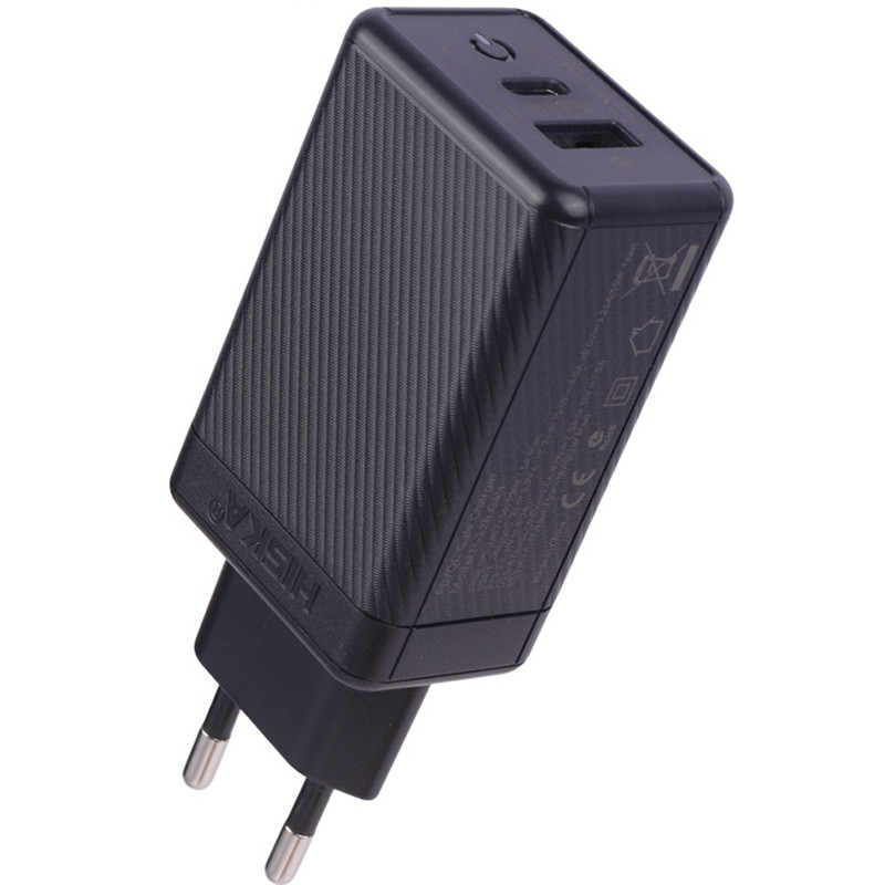 شارژر دیواری فست شارژ Hiska H-126 GaN 2Port QC3.0 PD 5A 65W + کابل تبدیل تایپ سی