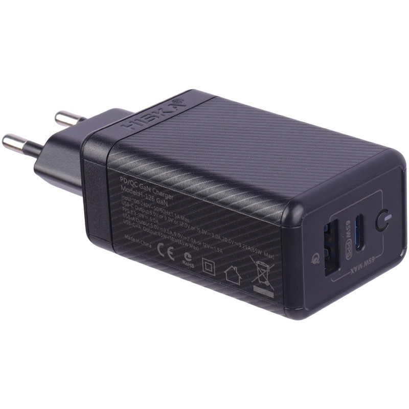 شارژر دیواری فست شارژ Hiska H-126 GaN 2Port QC3.0 PD 5A 65W + کابل تبدیل تایپ سی