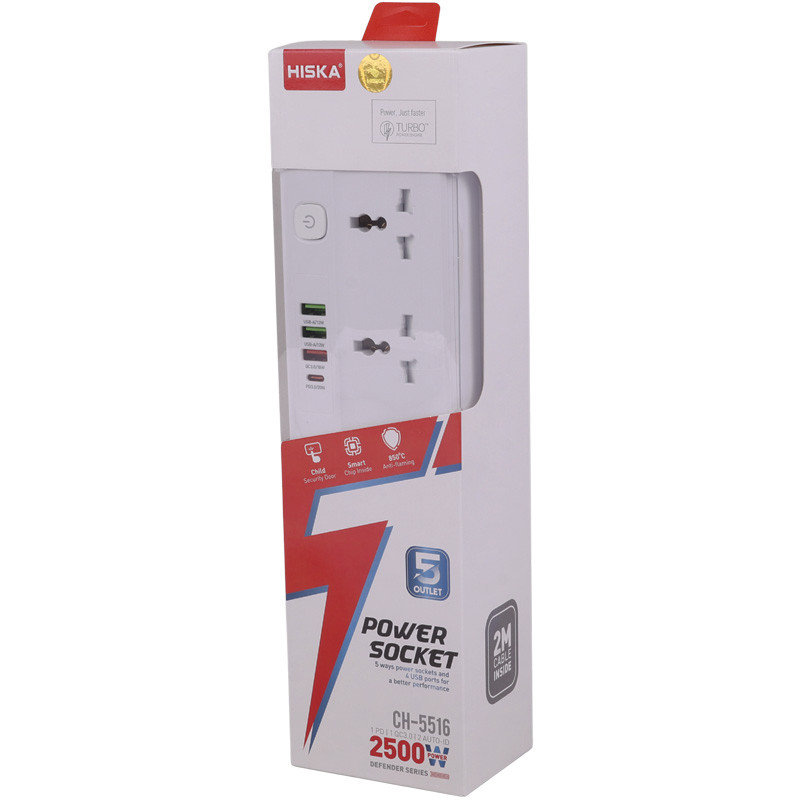 چند راهی ۵ خانه برق ارت دار هیسکا CH-5516 با کابل ۲ متری + شارژر USB و Type-C