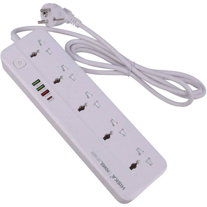 چند راهی ۵ خانه برق ارت دار هیسکا CH-5516 با کابل ۲ متری + شارژر USB و Type-C