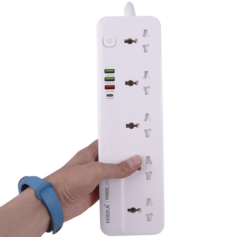 چند راهی ۵ خانه برق ارت دار هیسکا CH-5516 با کابل ۲ متری + شارژر USB و Type-C