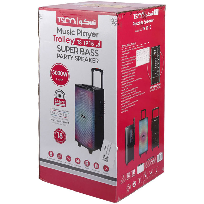 اسپیکر چمدانی بلوتوثی رم و فلش خور TSCO TS 1915 + میکروفن و ریموت کنترل