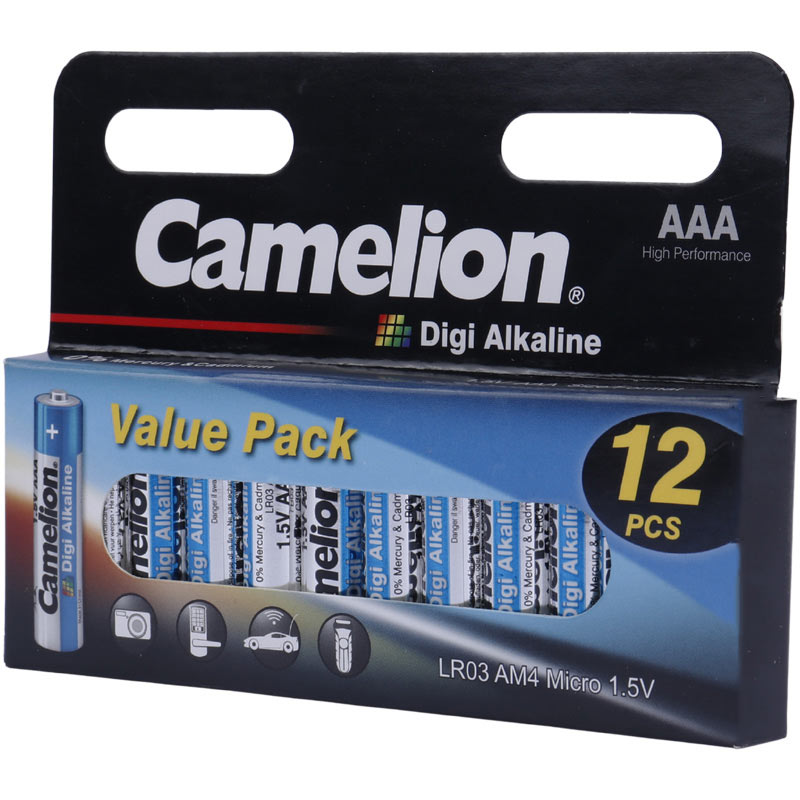 باتری نیم قلمی Camelion Digi Alkaline LR03 AM4 1.5V AAA بسته 12 عددی