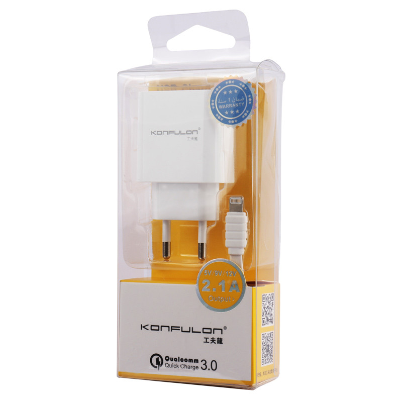 شارژر دیواری فست شارژ Konfulon C27 2.4A QC3.0 PD 18W + کابل آیفونی