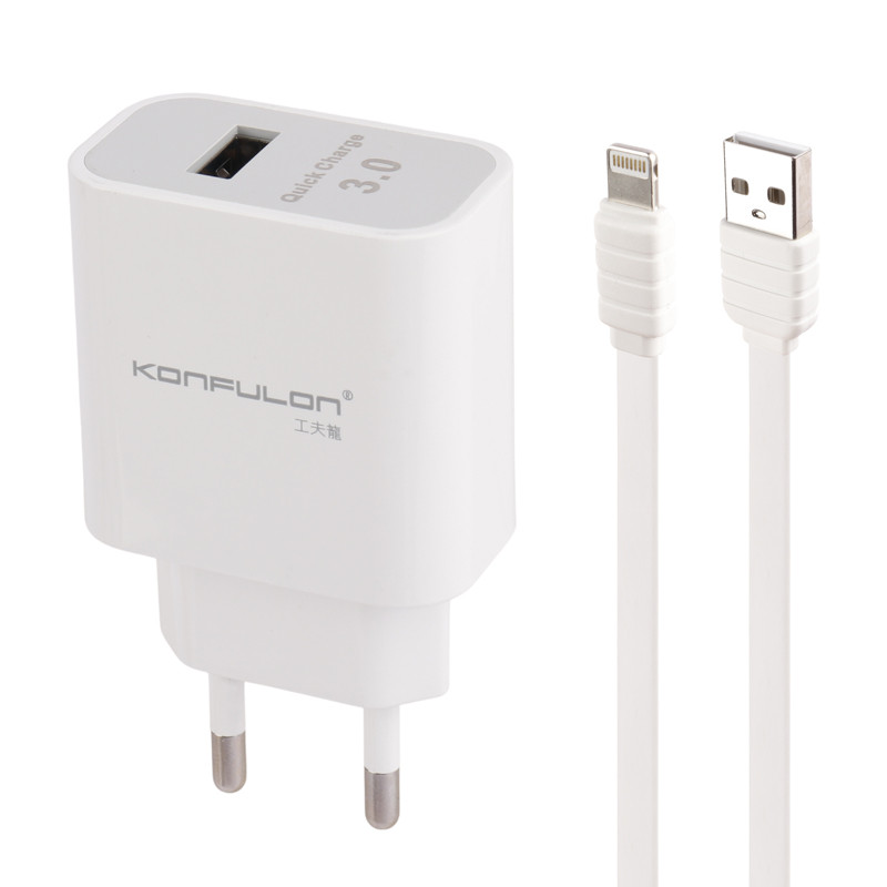 شارژر دیواری فست شارژ Konfulon C27 2.4A QC3.0 PD 18W + کابل آیفونی