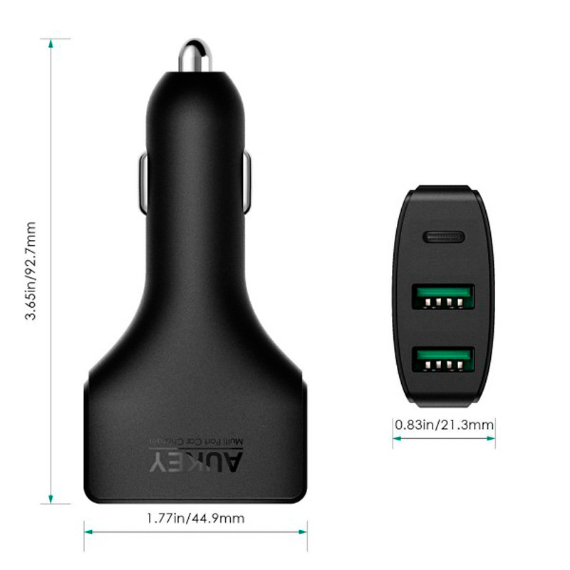 شارژر فندکی فست شارژ Aukey CC-Y3 QC3.0 3A PD 49.5W + کابل تایپ سی