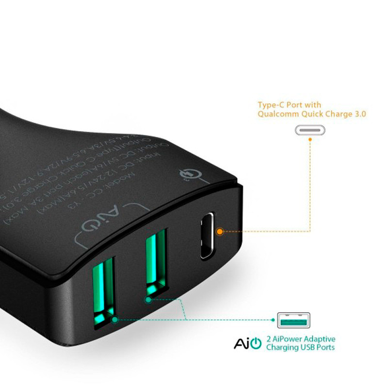شارژر فندکی فست شارژ Aukey CC-Y3 QC3.0 3A PD 49.5W + کابل تایپ سی