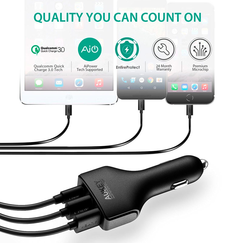 شارژر فندکی فست شارژ Aukey CC-Y3 QC3.0 3A PD 49.5W + کابل تایپ سی