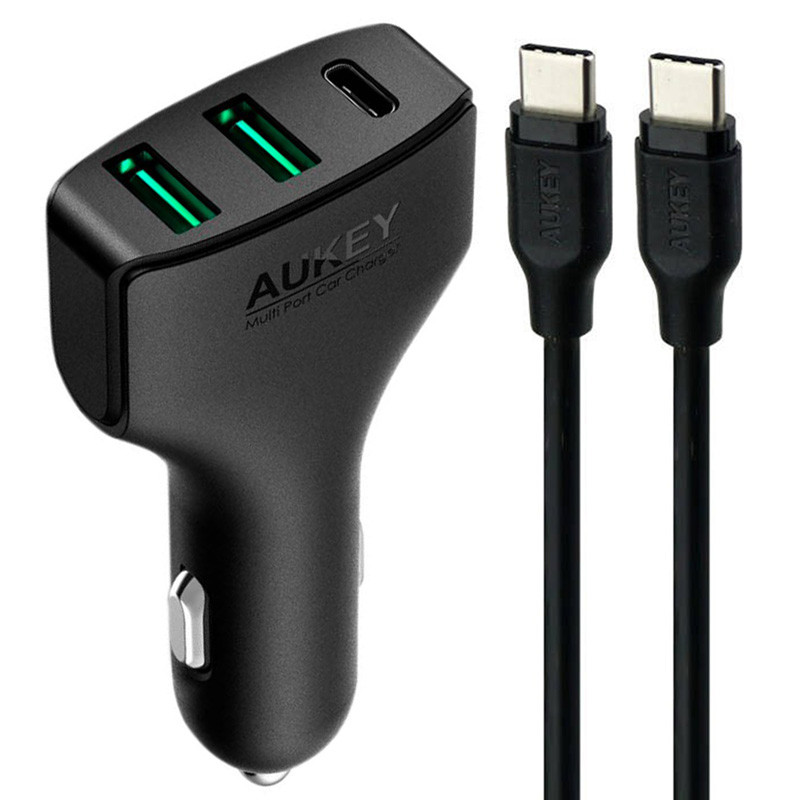 شارژر فندکی فست شارژ Aukey CC-Y3 QC3.0 3A PD 49.5W + کابل تایپ سی