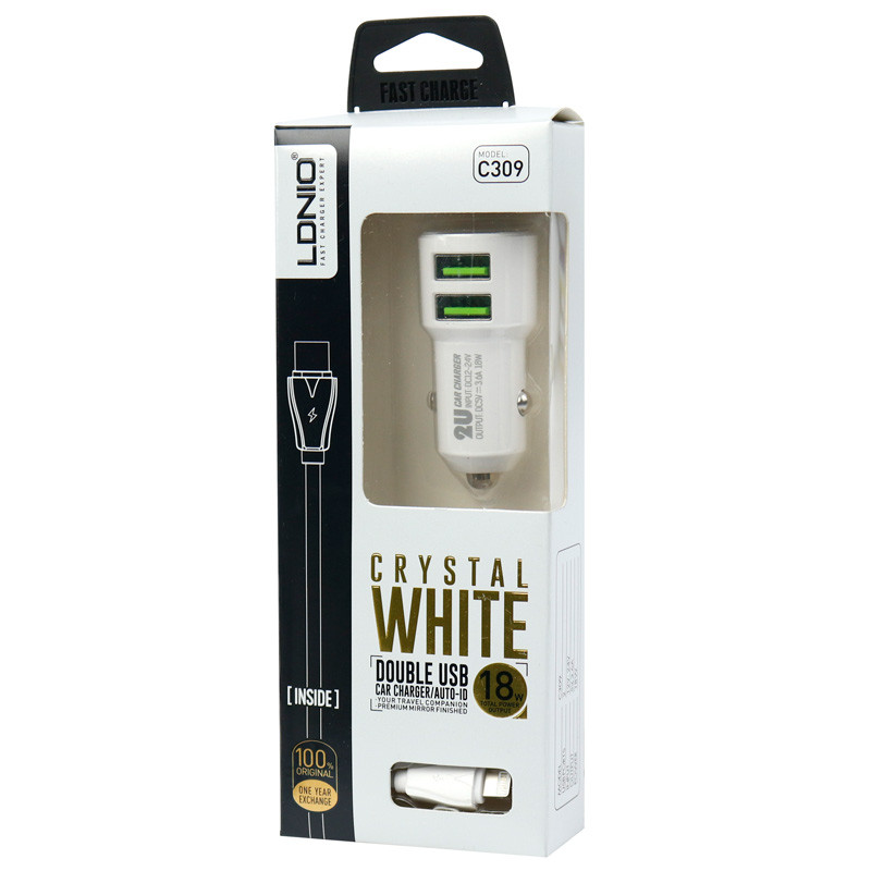 شارژر فندکی فست شارژ LDNIO C309 3.6A 18W + کابل آیفونی