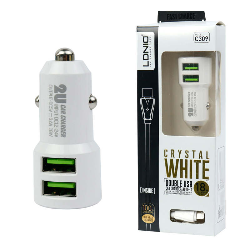 شارژر فندکی فست شارژ LDNIO C309 3.6A 18W + کابل آیفونی