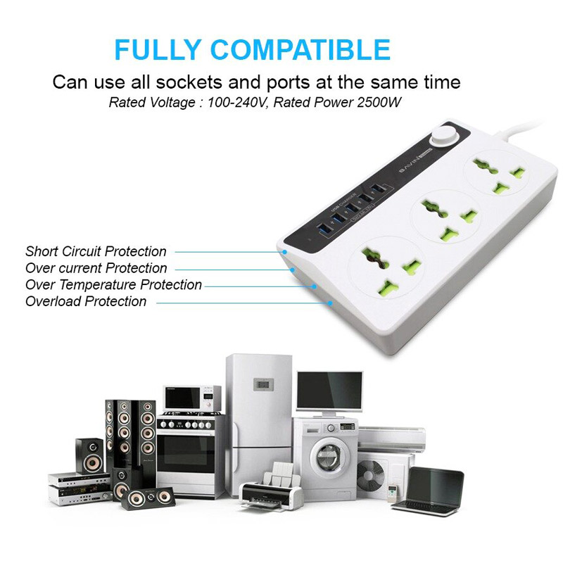 چند راهی ۳ خانه برق ارت دار باوین PC512 با کابل ۱٫۵ متری + شارژر USB