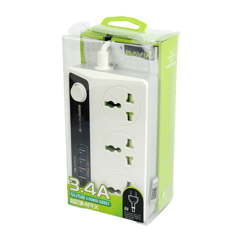 چند راهی ۳ خانه برق ارت دار باوین PC512 با کابل ۱٫۵ متری + شارژر USB