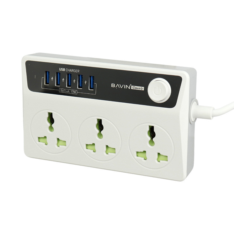 چند راهی ۳ خانه برق ارت دار باوین PC512 با کابل ۱٫۵ متری + شارژر USB