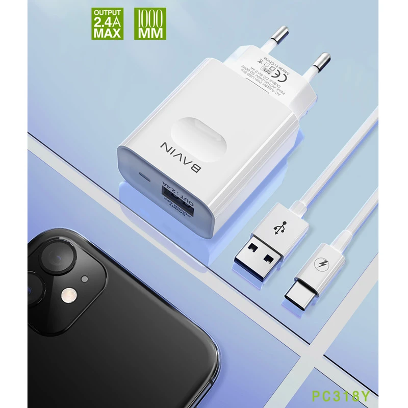 شارژر دیواری Bavin PC318Y 2.4A + کابل Type-C