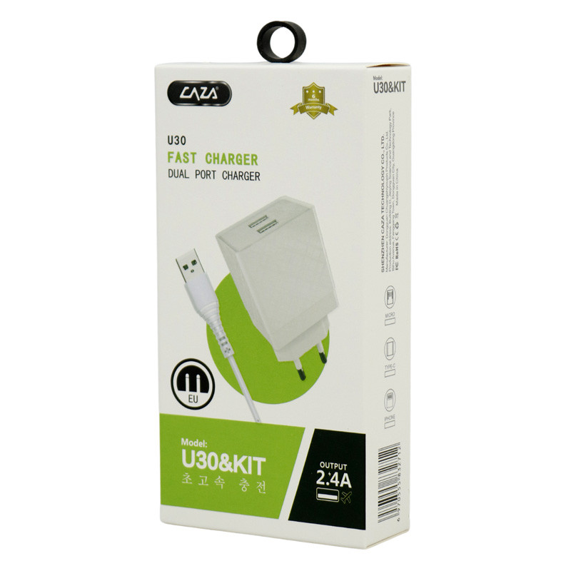 شارژر دیواری فست شارژ CAZA U30&KIT 2Port 2.4A + کابل تایپ سی