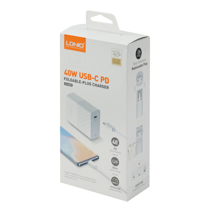 شارژر دیواری فست شارژ LDNIO A1405C QC4.0 PD 40W Type-C + کابل Type-C