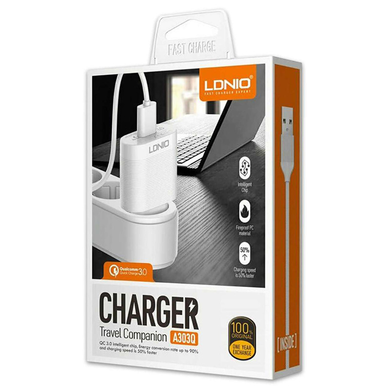شارژر دیواری فست شارژ LDNIO A303Q QC3 18W + کابل میکرو یو اس بی