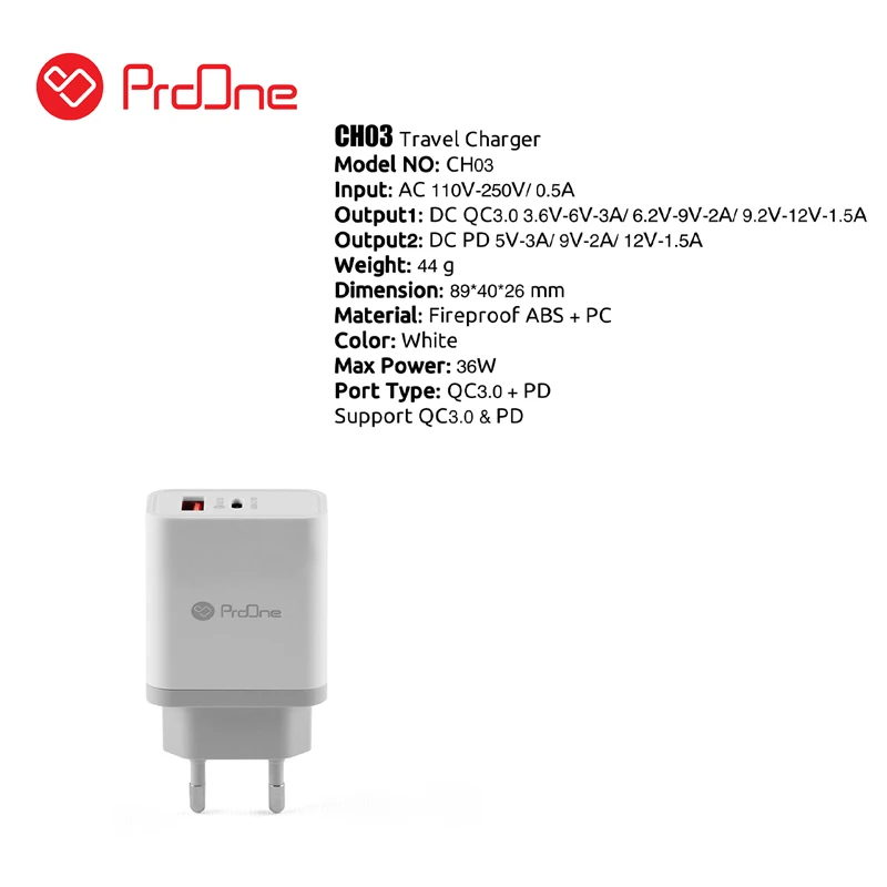 شارژر دیواری 36 وات پرووان PWC510 CH03 QC3 PD 3A