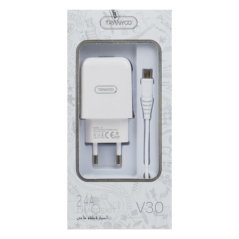شارژر دیواری فست شارژ Tranyoo V30 2.4A 12W + کابل میکرو یو اس بی