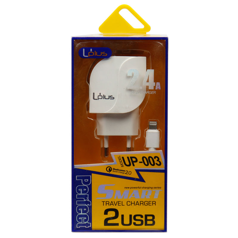 شارژر دیواری فست شارژ Uplus UP-003 2Port 2.4A QC2.0 + کابل آیفونی
