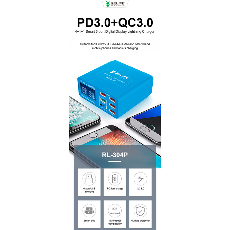 شارژر و تستر Relife RL-304P 6Port QC3.0 PD3.0 40W Type-C/USB