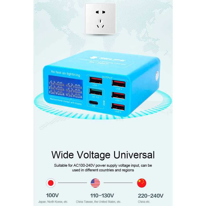 شارژر و تستر Relife RL-304P 6Port QC3.0 PD3.0 40W Type-C/USB