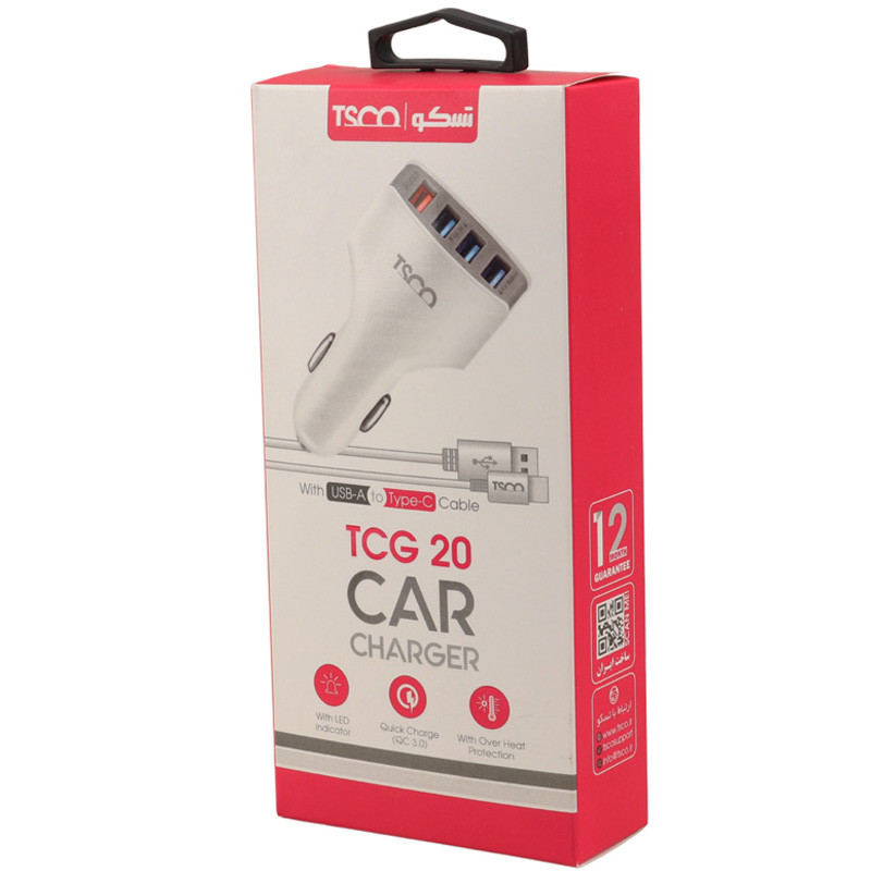 شارژر فندکی فست شارژ TSCO TCG 20 3A QC3.0 18W + کابل تایپ سی