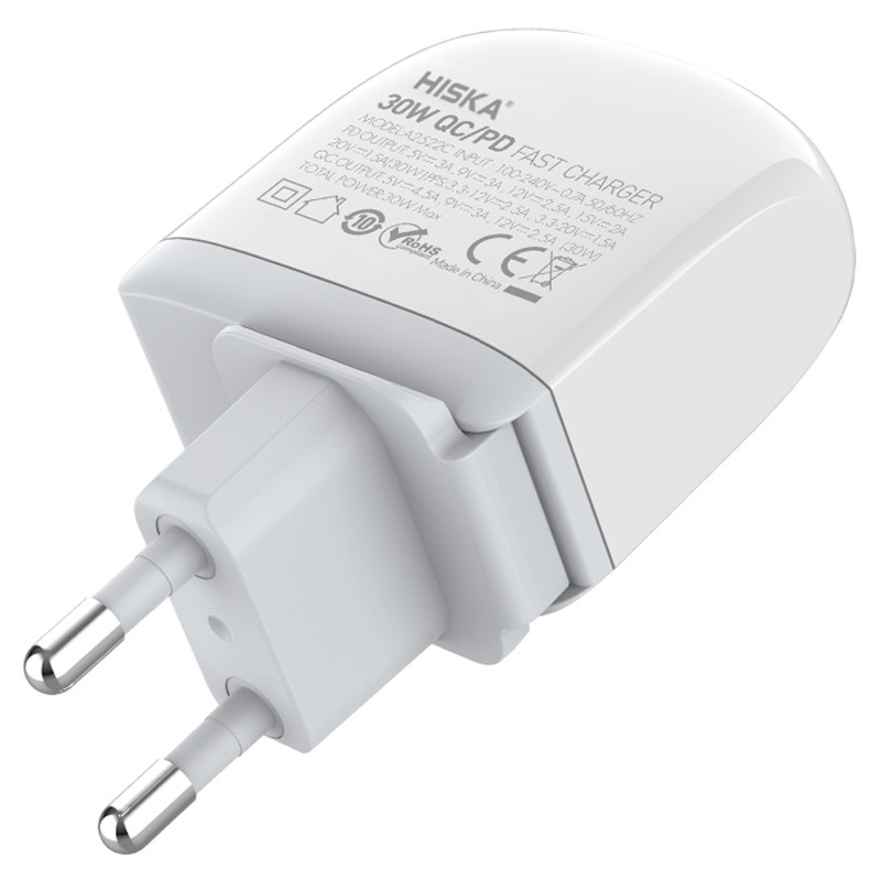 شارژر دیواری فست شارژ Hiska H-115PD 2Port QC3.0 PD 4.5A 30W Type-C + کابل تبدیل تایپ سی